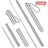 2 Set Portable Stainless Steel Straw Reusable Drinking Straws Telescopic Metal Straw with Cleaning Brush, Stainless Steel Carrying Case and Keychain