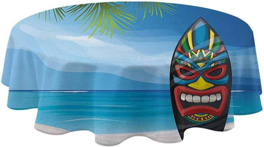 shirlyhome Tiki Bar Circular Table Cover Tiki Warrior Mask Design Surfboard on Ocean Beach Abstract Landscape Surf Print Table Cloth for Party Multicolor (Diameter 70")