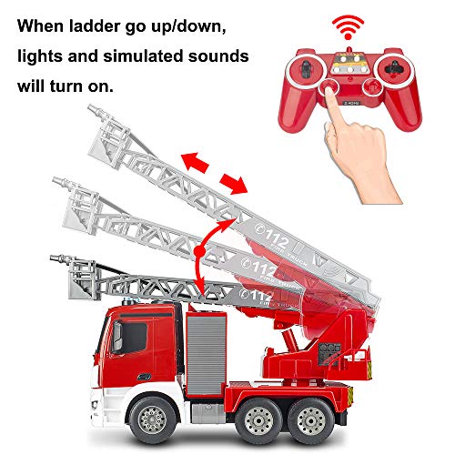 DOUBLE E RC Fire Truck Remote Control Fire Engine 10 Channel with Water Pump Lights Sounds Extendable Ladder Rechargeable Battery 2.4GHz Radio Control (New Package)