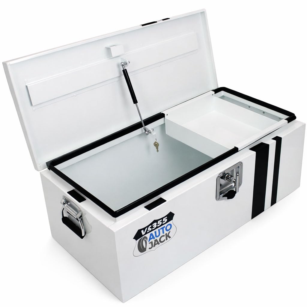 Autojack Van Storage Safe Heavy Duty Metal Steel Site Tool Chest Security Vault 355mm Key Lock with Carry Handles & Gas Struts White