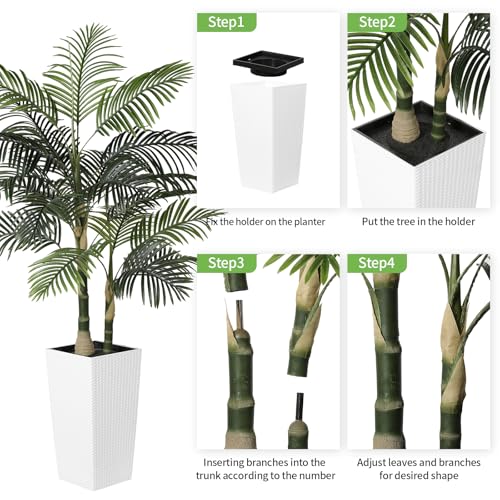 PHYTREE Artificial Palm Tree 6ft - Fake Palm Tree with White Tall Planter - Faux Plants with Realistic Trunk and Palm Leaves for Indoor Home Office Decor