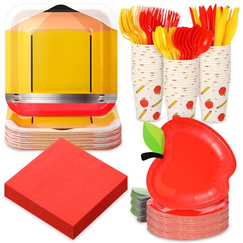 Zubebe 168 Pcs Back to School Disposable Dinnerware Set First Day of School Paper Plates and Napkins Cups Disposable Tableware Preschool Party Decoration, Serve for 24 Guests(Apple)