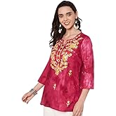 HION HILS Embroidered Short Kurti for Women on Jeans, V-Neck, 3/4 Sleeve, Floral Design, Kashmiri Tunic Top