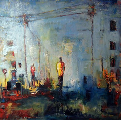 Urban Abstract Art ORIGINAL Large Painting Figures Blue and Yellow 36x36 by BenWill