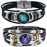 2Pcs Multilayer Constellation Zodiac Leather Bracelet Handmade Woven Zodiac Sign Wrap Bracelet Wristband for Women Men Jewelry Birthday Gift