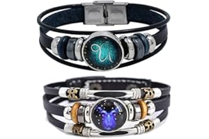 HEWILL 2Pcs Multilayer Constellation Zodiac Leather Bracelet Handmade Woven Zodiac Sign Wrap Bracelet Wristband for Women Men Jewelry Birthday Gift