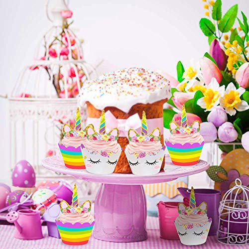 24 Pack Unicorn Cupcake Toppers and Wrappers Birthday Cake Decorations +2 Unicorn Masks for Unicorn Themed Party Baby Shower Supplies