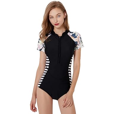 iYmitz Sommer Damen Surfanzug, UV Schutz Einteiliger Badeanzug Wassersport Anzug, Frauen Slim Kurzarm Body 1 Piece Bademode