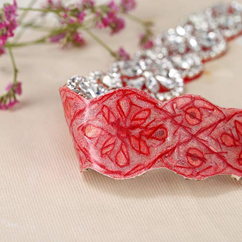 Crystal Applique with Red Back Adhesive, FANGZHIDI Beaded Applique with Silver Rhinestone Claw- Best for DIY on Wedding Dress, Bridal Belt Sash