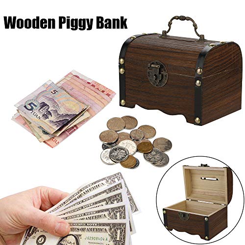 Amaping Vintage Handmade Wood Flower Carving Small Cash Box with Key Lock Wooden Money Jewelry Bracelet Pearl Case Savings Piggy Bank (Brown)