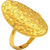 Adjustable Oval Hammered Statement Ring, 18K Gold Plated Stainless Steel Open Band, Textured Chunky Ring for Women, French Vintage Style