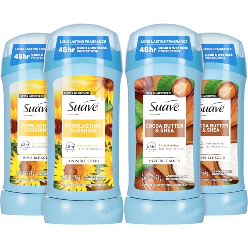 Suave Antiperspirant Deodorant for Women Variety 4-Pack – Cocoa Butter & Shea + Everlasting Sunshine, Anti-Staining Invisible Solid, Talc-Free, 2.7 Oz Ea