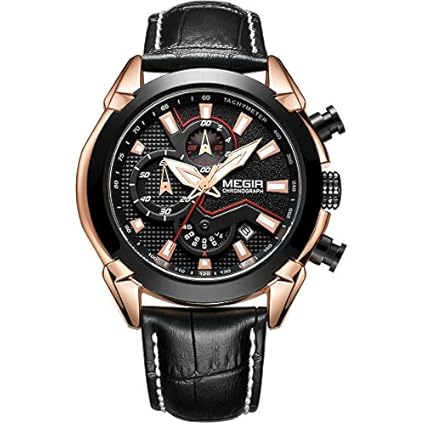MEGIR 2065 Golden Black Chronograph Leather Strap Stopwatch,Date for Men