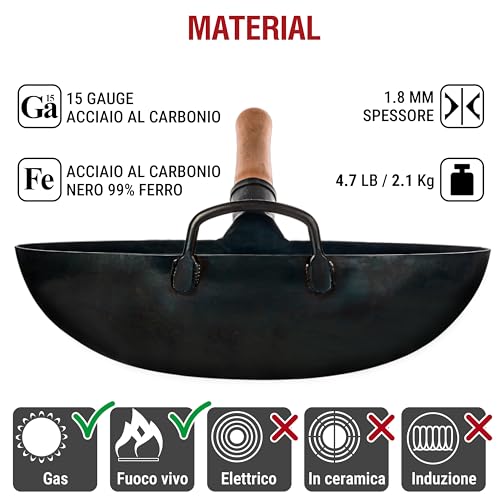 YOSUKATA Professional Wok Pan 36 cm – Traditional Wok Round Bottom in Preconditioned Carbon Steel – Original Chinese Wok – Large Wok – Gas and Open Fire Compatible (Blue)