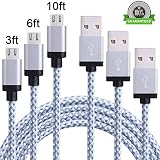 Amoner Samsung Charger, High Speed Micro USB Cable Nylon Braided Micro Charging Cable for HTC, Motorola, Nokia, Android and More 3FT+6FT+10FT (White)