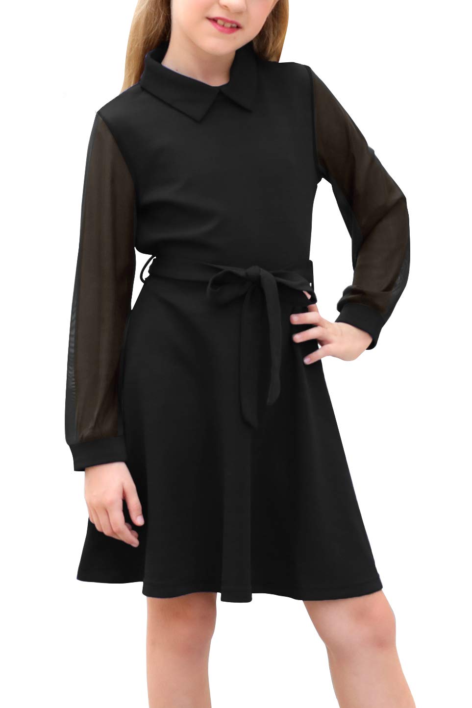 Photo 1 of GORLYA Mesh Long Sleeve Girl's Collar Casual Vintage A-line Party Belted Dress with Pockets for 4-14T (GOR1030,9-10Y,Black)