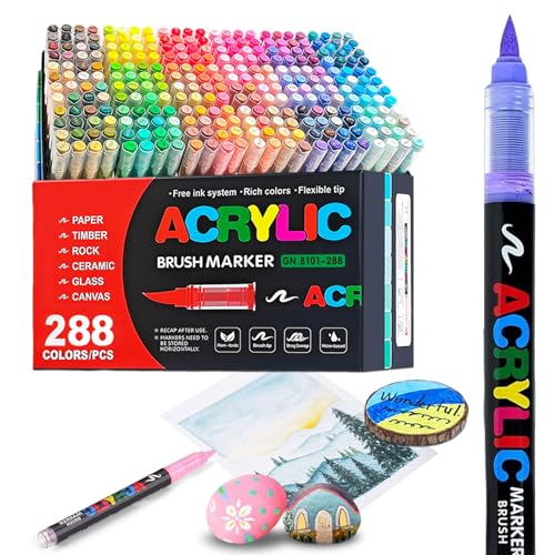 288 Colors Acrylic Paint Markers, Soft Brush Tip Acrylic Paint Pens, Waterproof Coloring Art Markers for Wood, Metal, Ceramic, Fabric, Stone, Egg, Rock Painting and DIY Art Crafting