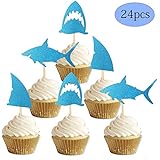 ALISSAR 24-Pack Glitter Shark Cupcake Toppers, Shark Fin Cupcake Toppers, Shark Themed Party Supplies Decorations Kids Baby Shower Birthday Favor.