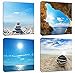 4Pcs 12x12 Canvas Wood Stretched Jetty Beach Blue Sea Ocean Sky Theme Pink Frame Landscape Abstract Modern Art For Home Room Office Wall Print Decor 12x12