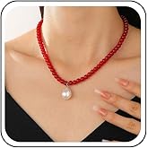 Erimberate Bohemian Teardrop Pearl Choker Necklace Red Acrylic Bead Collar Necklace Pearl T Bar Chain Necklace Round Red Beaded Necklace Jewelry for Women