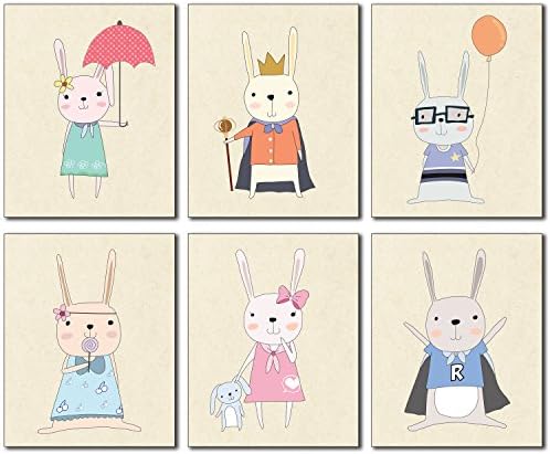 Cute Bunny Wall Art Poster Prints - Set of Six Girl &amp; Boy Rabbit 8x10 Photos