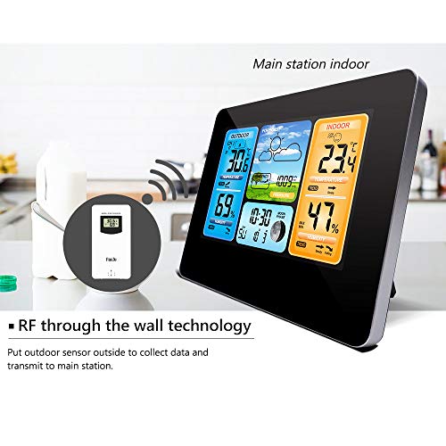 ALLOMN Wireless Weather Station with Color High Definition Display Indoor Outdoor Digital Thermometer Home Alarm Clock with Temperature Humidity Barometer Alarm Moon Phrase (Black) - Thumbnail 3