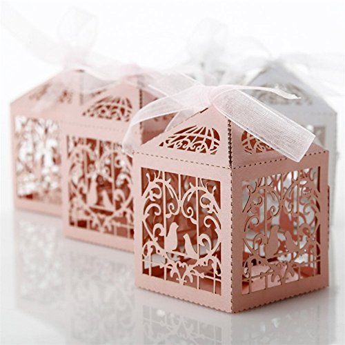 Derker 50 Pcs Romantic Hollow Out Love Birds Laser Cut Square Wedding Favor Candy Boxes Bridal Shower Party Favor Gift Boxes - Ribbon Included (Pink)