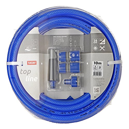 TATAY Blue gardening hose set, in a 10 m roll, reinforced, cadmium and BpA free, and equipped with a complete watering set, soft-touch and with anti-UV properties. Regular use