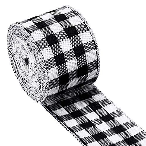 WAVEYU Buffalo Check Plaid Wired Ribbon Gingham Ribbon 2" Wide 236'' Length for Christmas Tree,Wreath Bows,Festive Farmhouse Decoration,Gift Wrapping Crafts,Floral Arrangement,Black and White