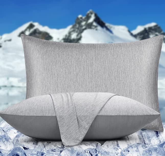 HOMFINE Cool Pillow Cases Pack of 2, Japanese Cooling Fibre Q-Max 0.45, Breathable Soft Pillow Protector with Hidden Zip, Grey 50 x 75 cm