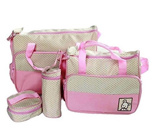 Baby Station 5pcs/Set Baby Diaper Bag Nappy Mummy Bag Print Maternity Handbag Changing Baby Messenger Bag (Pink)