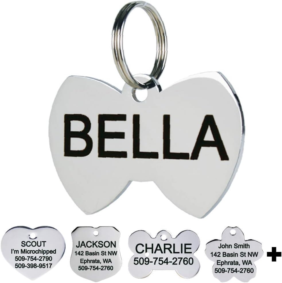GoTags Pet ID Personalized Dog and Cat Tags. Stainless Steel. Custom Engraved with up to 8 Lines of Text. Front and Backside Engraving. Bowtie Shape Small.