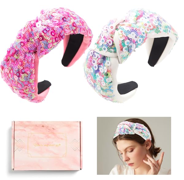 DeryArcle 2Pcs Glitter Hairband Pink, White Sequin Knotted Head Bands Bling Wide Padded Hairhoop with Box for Wedding Party Holiday Boho Hair Accessories (pink+white)
