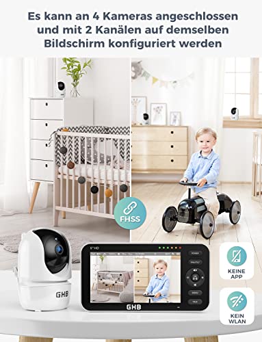 GHB Baby Monitor with Camera 5 Inch 720P HD Display with up to 168 Hours Battery Life in VOX Sleep Mode Split Screen Display Night Vision 4X Zoom Swivelling