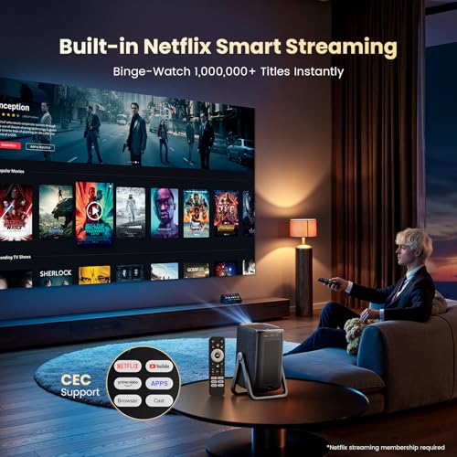 Short Throw Projector 4K Compatible with Netflix,1200ANSI Ceiling Projector Portable for Bedroom/Outdoor Auto focus 6D Keystone Dolby Smart Home Projector with WiFi and Bluetooth 200''
