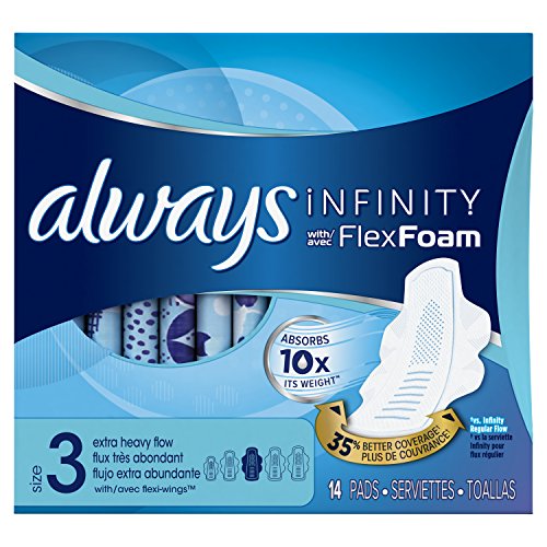 Always Infinity Size 3 Feminine Pads with Wings, Extra Heavy Flow Absorbency, Unscented, 14 count