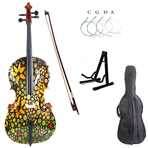 Kinglos 4/4 Green Yellow Flower Colored Solid Wood Student Cello Kit with Soft Case, Stand, Bow, Rosin, Bridge and Extra set of strings Full Size (HSDT018)