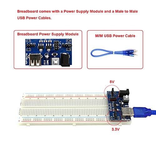 Electronics Component Fun Kit w/ Power Supply Module, Male to Female Jumper Wire, 830 tie-points Breadboard, Precision Potentiometer ,Resistor for Arduino, Raspberry Pi, STM32