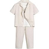 Verdusa Boy's 2 Piece Outfits Linen Set Going Out Outfits Button Up Shirt and Shorts Pants Set