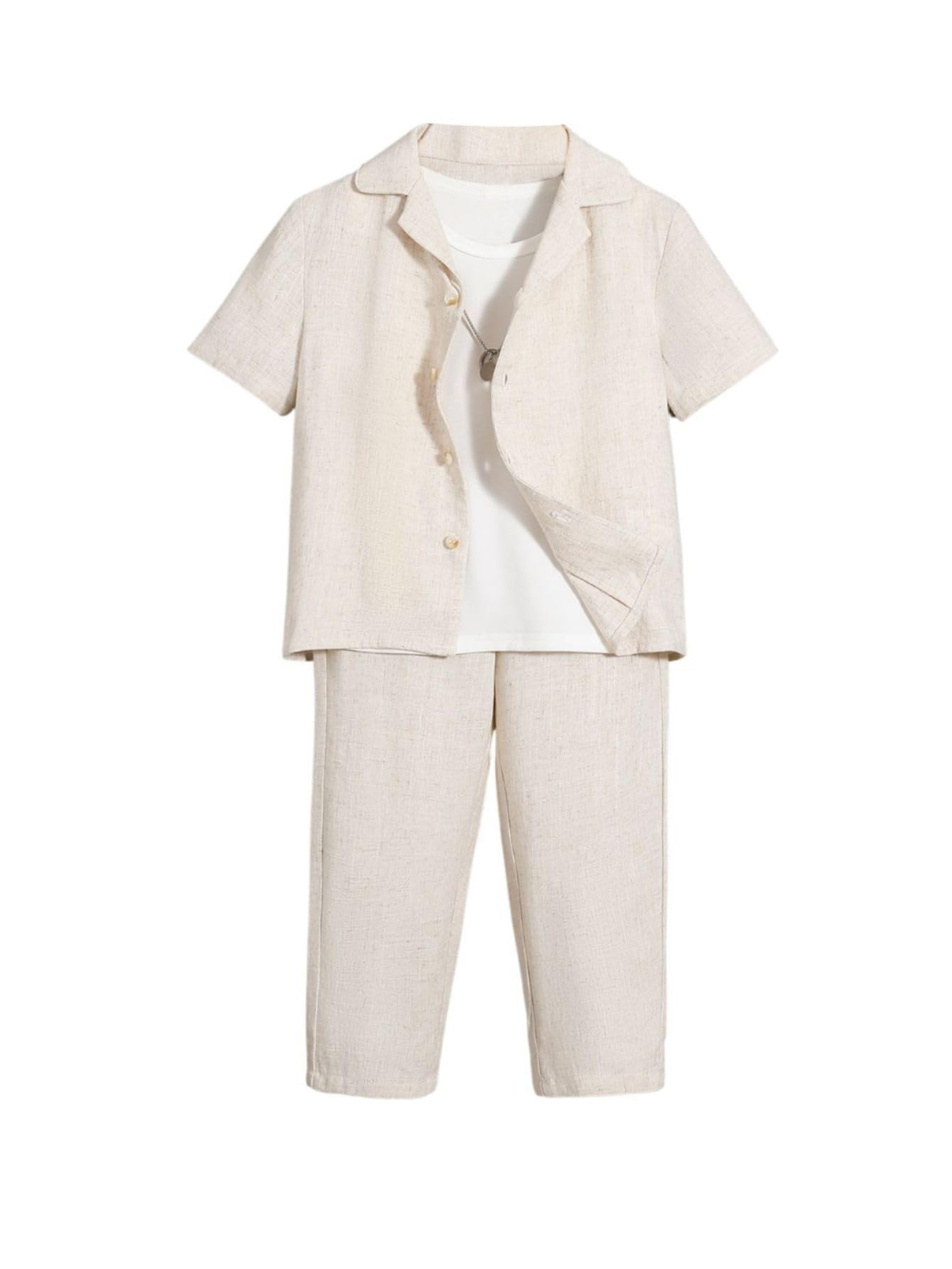 Photo 1 of Verdusa Boy's 2 Piece Outfits Linen Set Going Out Outfits Button Up Shirt and Shorts Pants Set Beige 4T