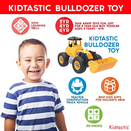 Kidtastic Bulldozer Toy, Take Apart STEM Fun with Screwdriver, Ages 3 4 5 and up, Construction Tractor Truck Engineering Vehicle, Building Play Set for Boys Girls Toddlers