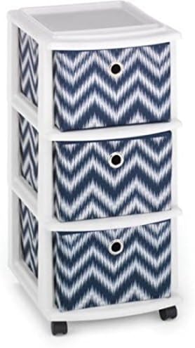Plastic Frame with 3 Sturdy Fabric Blue Chevron Drawers Mobile Organizer