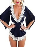 Choies Women's Navy Blue Deep V Neck Lace Embellished Casual Romper Playsuit jumpsuit for women M