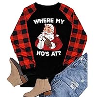 FEDULK Women Christmas Baseball Tee Tops Plaid Raglan Splicing Long Sleeve Casual Xmas Shirt Blouse(Black, Medium)