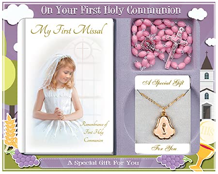 celebrationgiftsforall First Holy Communion Hardback Missal, Prayer Card/Book Mark, Pink Rosary and Necklace Set For Catholic Faith