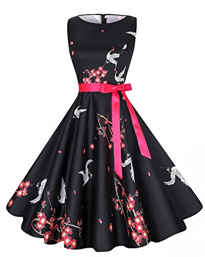 A Line Women's Vintage Hepburn Style Swing Cocktail Dresses with Ribbon - Black F29 X-Large