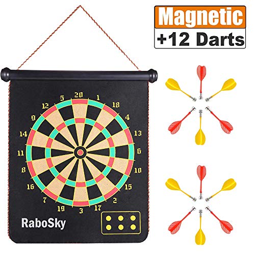 Magnetic Dart Board with 12pcs Dart Flights for Kids and Adults, Rabosky Double Sided Hanging Roll Up DartBoard Set, Office Home Outdoor Board Games, Cool Toy Gift for Boys