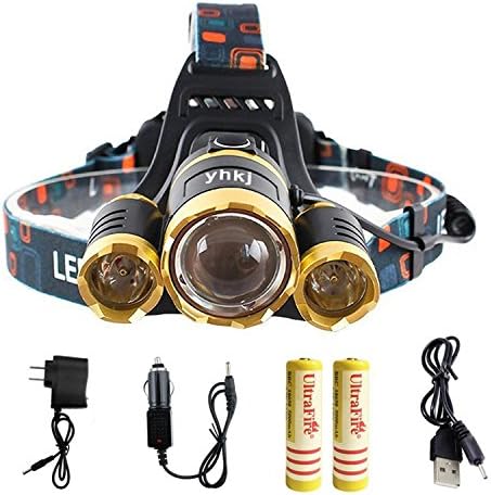 Super Bright 6000 Lumens Led Headlamp Flashlight,Fishing Head Lamp,Hard Hat Light , Waterproof Zoomable Rechargeable Headlight for Camping Hunting Fishing Running Hiking Walking Reading(Gold)