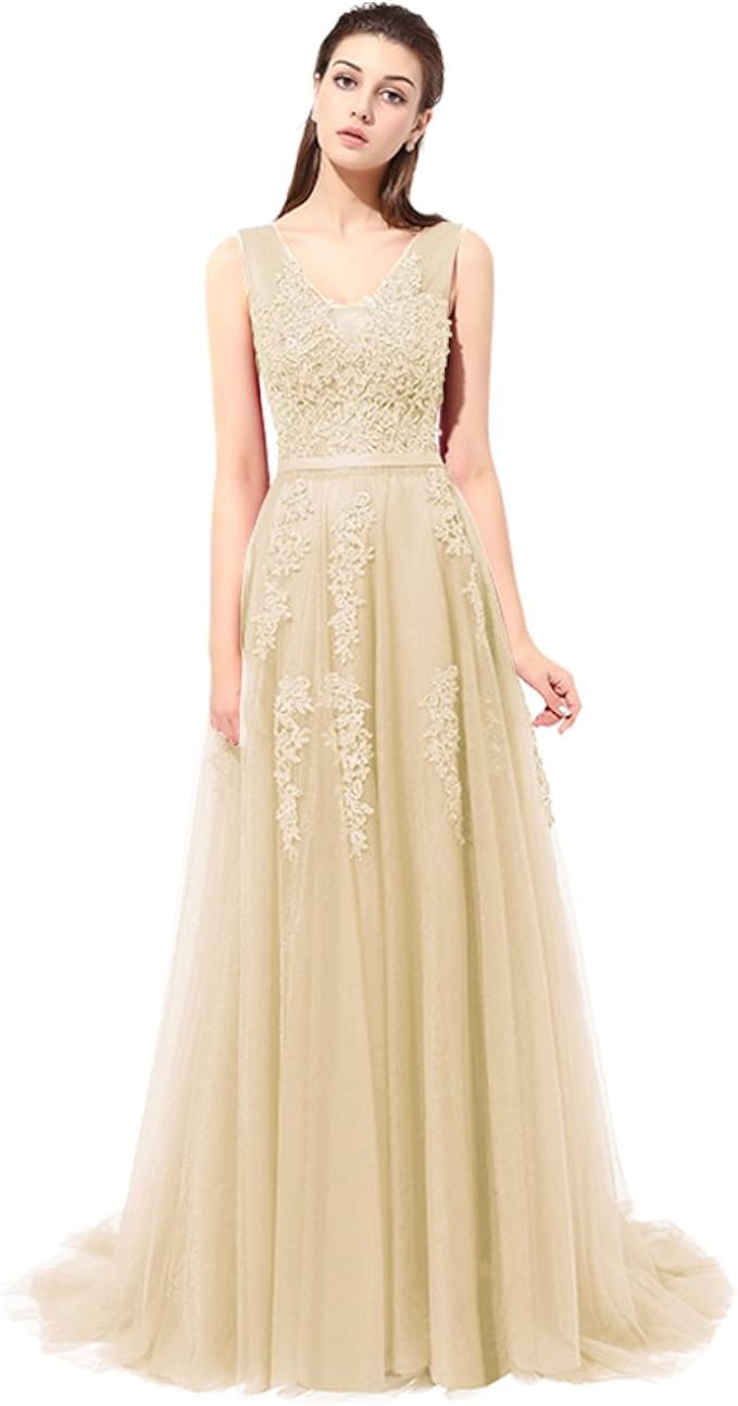 Aiyana Damen A-Linie Tull Ruckenfrei Schnüerung Ballkleider Party Kleid Langes Spitze Abendkleid Brautjungfernkleid mit Träger Aiyana Damen A-Linie Tull Ruckenfrei Schnüerung Ballkleider Party Kleid Langes Spitze Abendkleid Brautjungfernkleid mit Träger