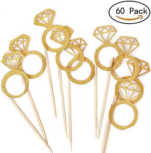 Kakasogo 60 Pcs Newest Wedding Bridal Shower Gold Glitter Diamond Ring Children's Cupcake Toppers Picks for Marriage Engagement Anniversary Birthday Valentines Party Cake Decoration Tool Set